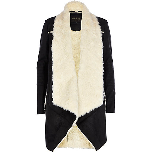 Black faux fur lined waterfall jacket, $170.@riverisland.com
