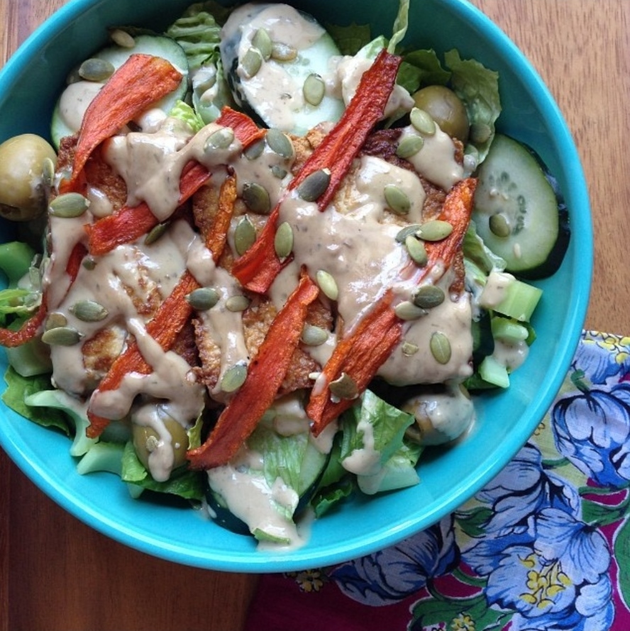 Baked Carrot Bacon in a salad with Tahini Dressing