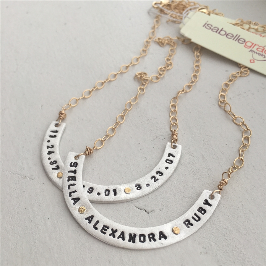 Handmade of silver, with 22kt gold painted accents, Isabella Grace Curved Bar Necklace, $145 @isabellegracejewelry.com