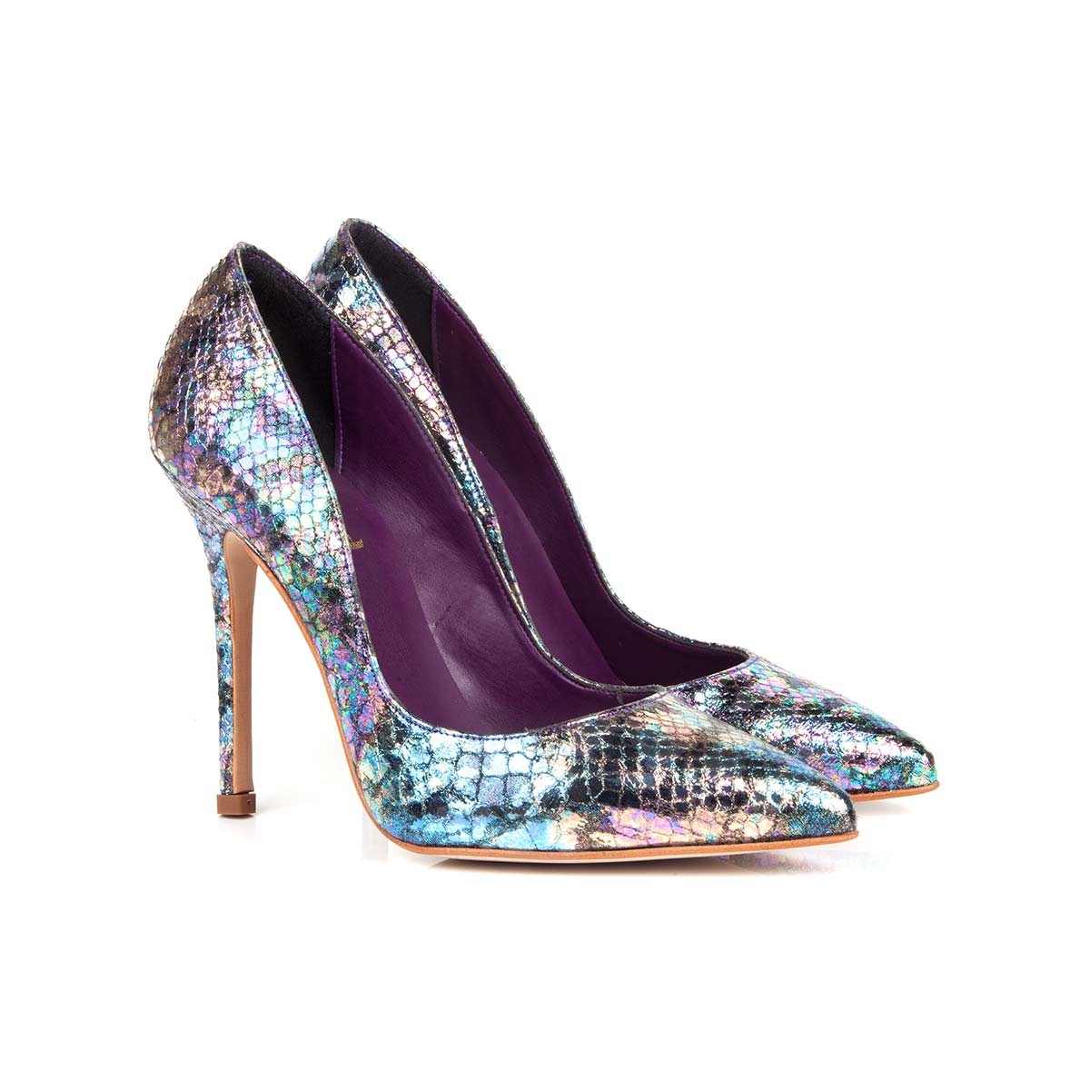 Paris Petrol Faux Snake Vegan Stilettos, $170 @beyond-skin.com