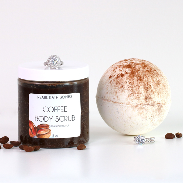 Vegan/Cruelty-Free Coffee Body Scrub & Vanilla Chai Bath Bomb (that reveals a ring!), $38 @pearlbathbombs.com