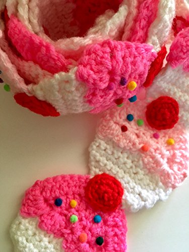Pink Cupcake crochet scarf with sprinkles and a red cherry on top, $40