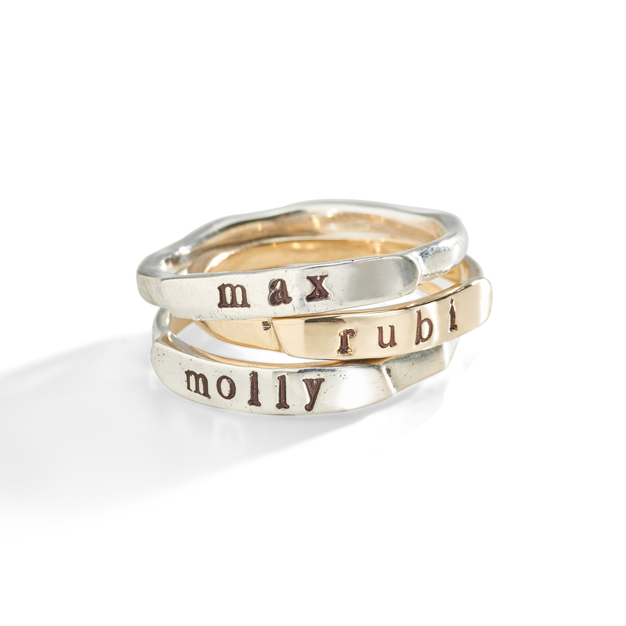 14K Gold Organic Hand Stamped Name Rings, $250 @threesistersjewelrydesign.com