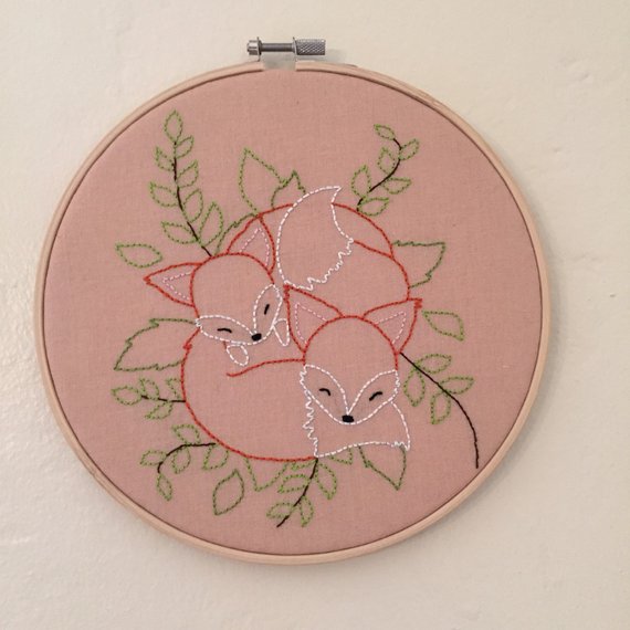 Cuddling Foxes embroidery hoop art, $17 @etsy.com