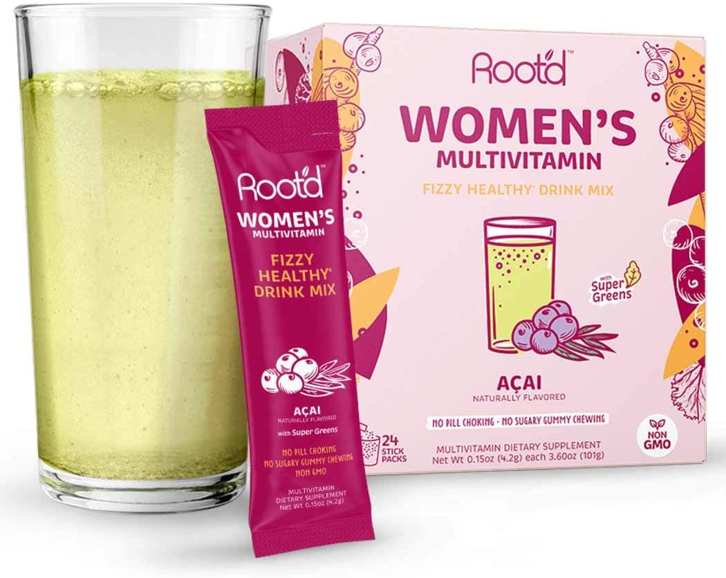 Rootd - Powder Multivitamin for Women - with 25 Vitamins & Minerals | Vitamin A, C, D, E, B12, B6, K, Iron, Probiotics, Electrolytes, Organic Super Greens | Natural Acai | 24 Effervescent Stick Packs, $25 @amazon.com