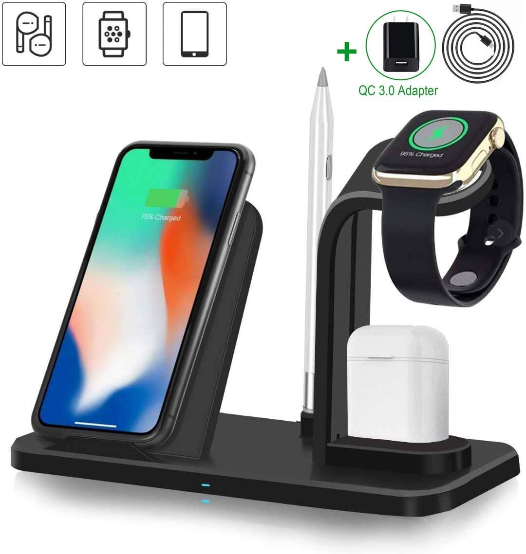 Wireless Charger, 3 in 1 Wireless Charging Station for Apple Watch and Airpods, Fast Wireless Charging Stand Compatible with iPhone 11/11 Pro Max/Xs/XR/X/8/8 Plus(with QC 3.0 Adapter), $32 @amazon.com