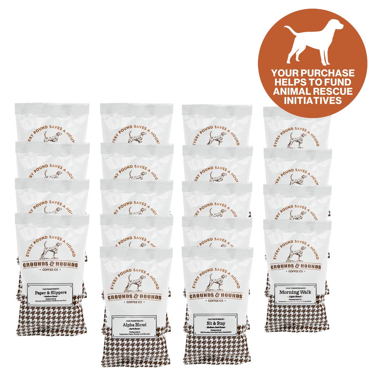 Grounds & Hounds Sample Packs - Ground Coffee - 100% Fair Trade Organic Ground Coffee Variety Frac Pack - Includes Eighteen - 2.5 oz. bags of our most popular Ground Coffee Blends (Coffee Variety), $40 @amazon.com