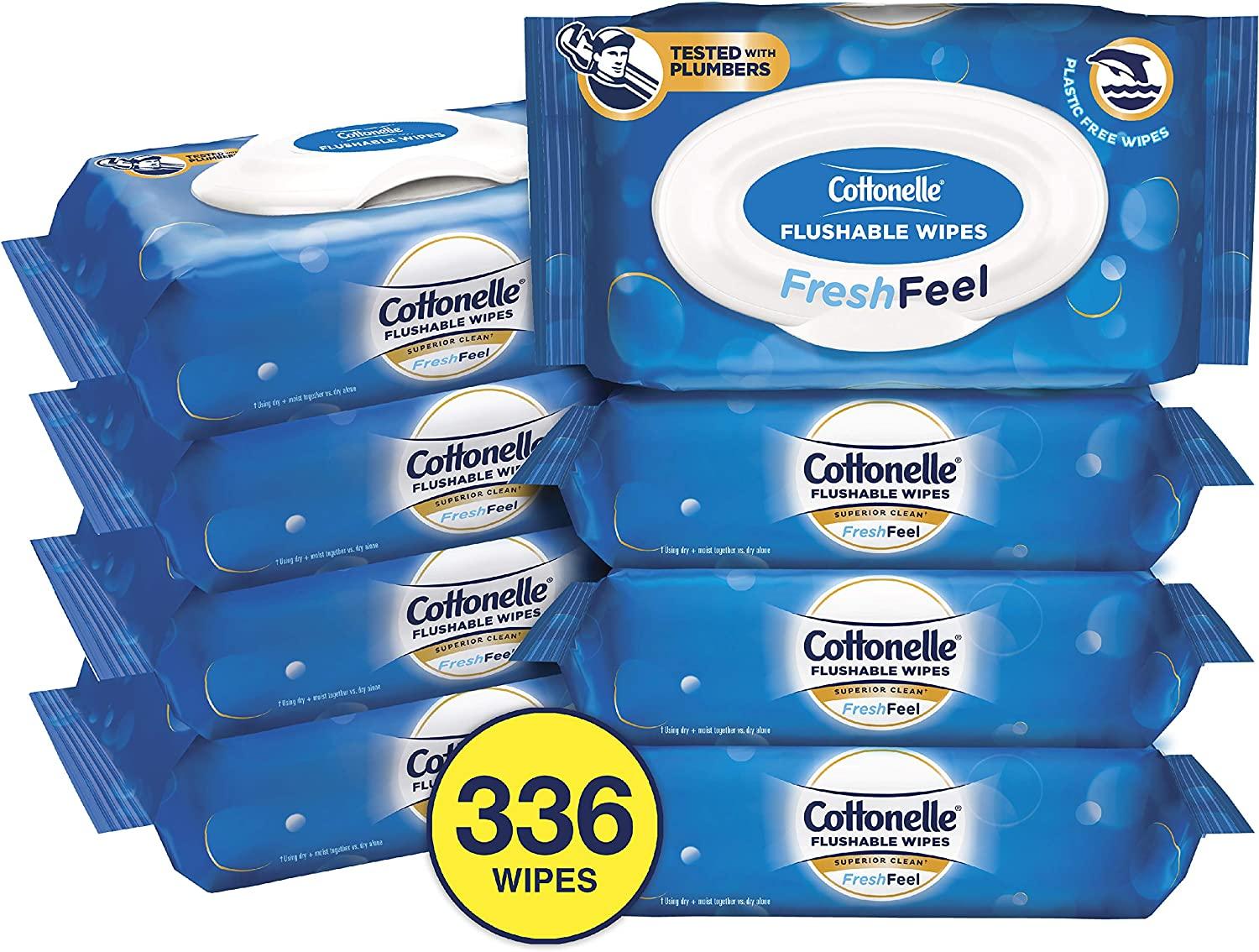 Cottonelle FreshFeel Flushable Wet Wipes for Adults, 8 Flip-Top Packs, 42 Wipes per Pack (336 Wipes Total), $15 @amazon.com